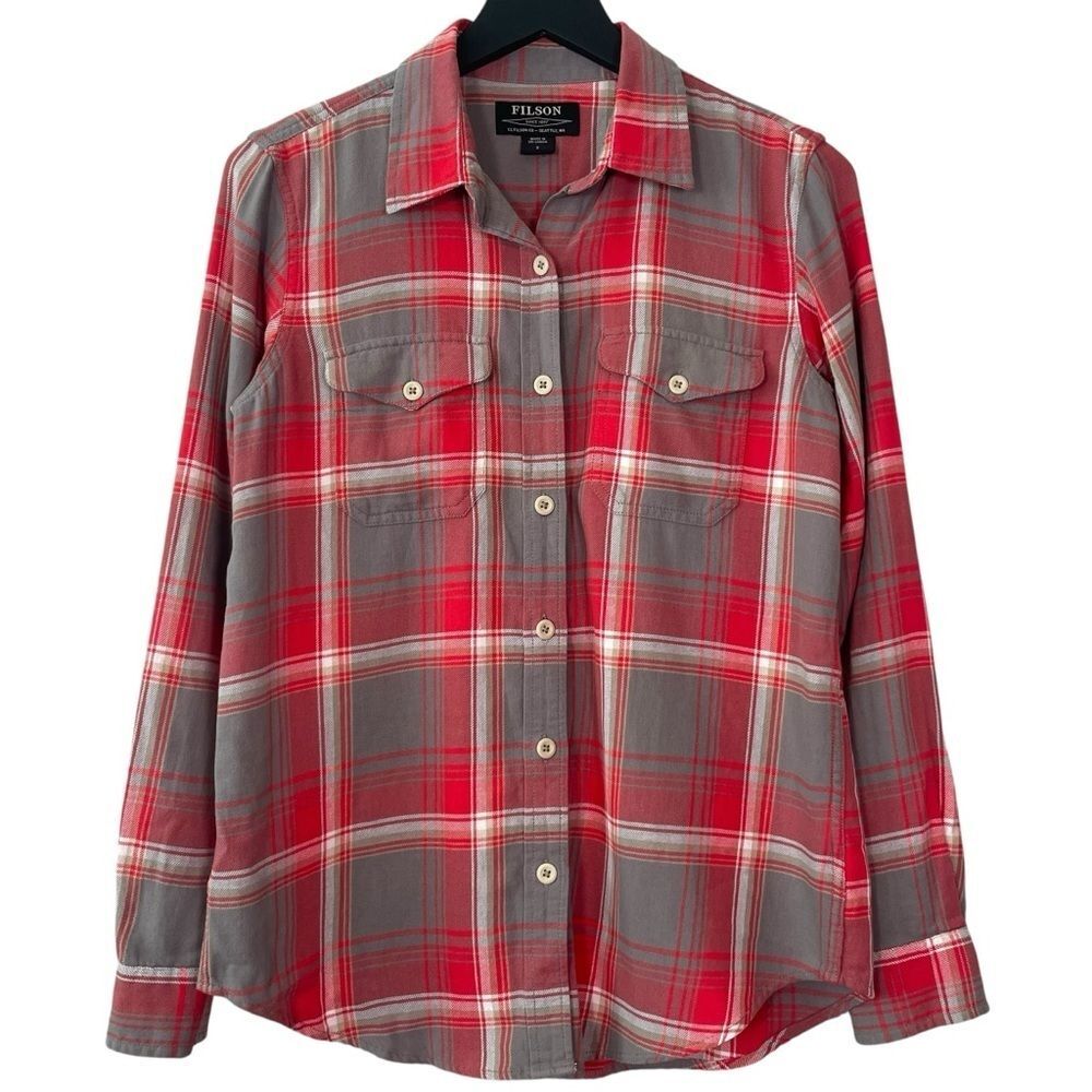 Filson Size S Women’s Scout Shirt Cotton Twill Red Gray White Plaid